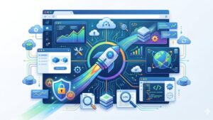 Современная иллюстрация панели управления Fastpanel для статьи об обзоре новых функций и возможностей 2026 года