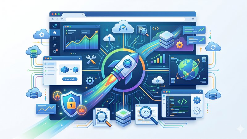 Современная иллюстрация панели управления Fastpanel для статьи об обзоре новых функций и возможностей 2026 года
