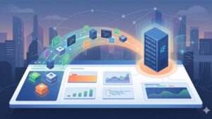 Современная иллюстрация процесса миграции данных на панель управления Fastpanel для статьи в блоге