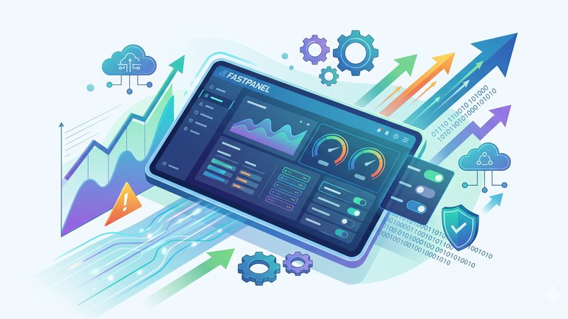 Современная иллюстрация интерфейса панели управления Fastpanel для оптимизации производительности сервера в 2026 году