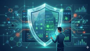Современная иллюстрация панели управления Fastpanel с элементами цифровой защиты и кибербезопасности данных